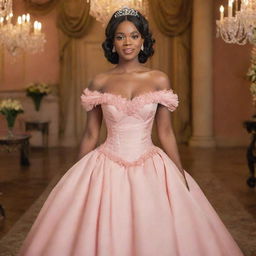 Design a prom-ready medium-sized woman in a modern off-shoulder salmon pink gown, that intertwines the frilly elegance of Charlotte's dress from Princess and the Frog and Bridgerton's sophisticated corset-like top.