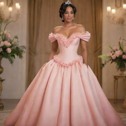 Design a prom-ready medium-sized woman in a modern off-shoulder salmon pink gown, that intertwines the frilly elegance of Charlotte's dress from Princess and the Frog and Bridgerton's sophisticated corset-like top.