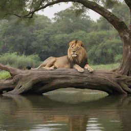 A serene landscape featuring a powerful lion lounging on a tree and a nymph gracefully bathing in a river, framed by lush greenery and calm waters.