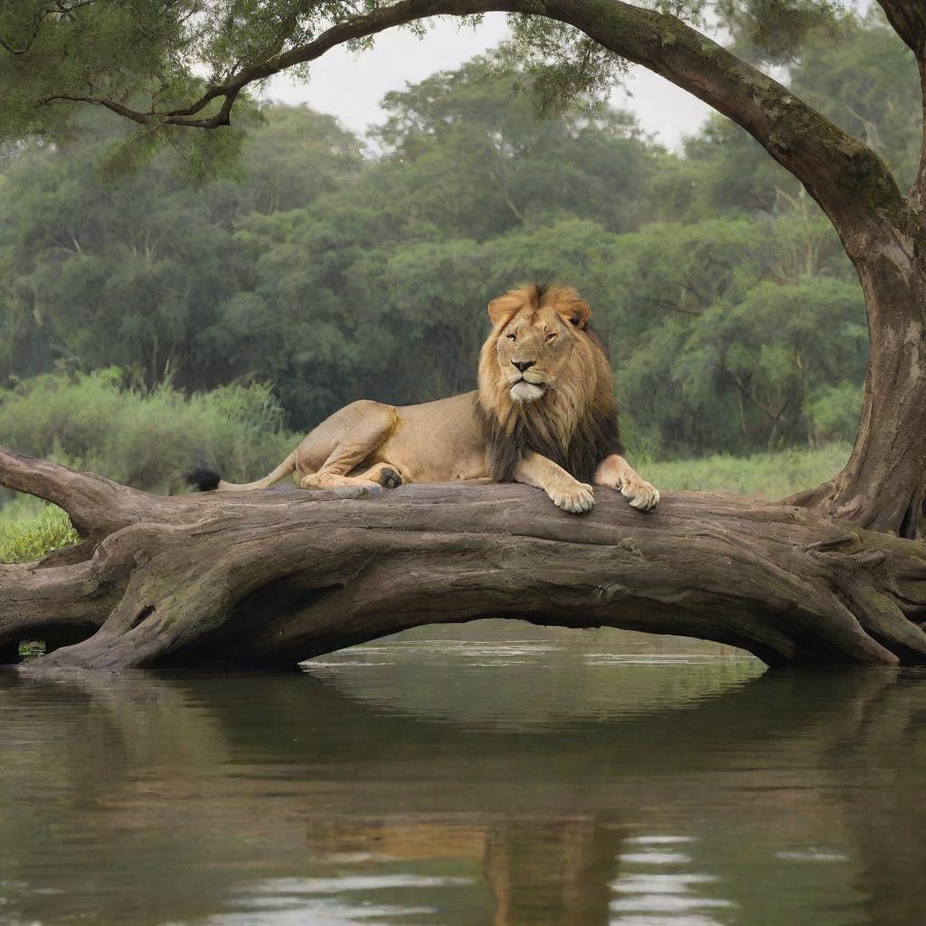 A serene landscape featuring a powerful lion lounging on a tree and a nymph gracefully bathing in a river, framed by lush greenery and calm waters.