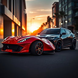 A striking automotive composition showcasing a Ferrari Puro Sangue parked alongside a Lamborghini Urus