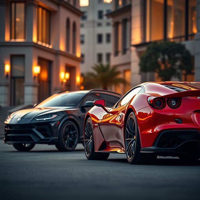 A striking automotive composition showcasing a Ferrari Puro Sangue parked alongside a Lamborghini Urus