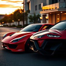 A striking automotive composition showcasing a Ferrari Puro Sangue parked alongside a Lamborghini Urus