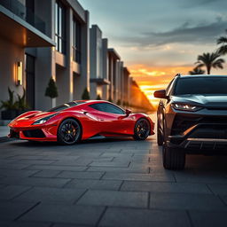 A striking automotive composition showcasing a Ferrari Puro Sangue parked alongside a Lamborghini Urus