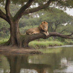 A serene landscape featuring a powerful lion lounging on a tree and a nymph gracefully bathing in a river, framed by lush greenery and calm waters.