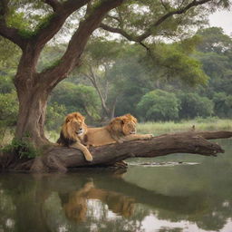 A serene landscape featuring a powerful lion lounging on a tree and a nymph gracefully bathing in a river, framed by lush greenery and calm waters.