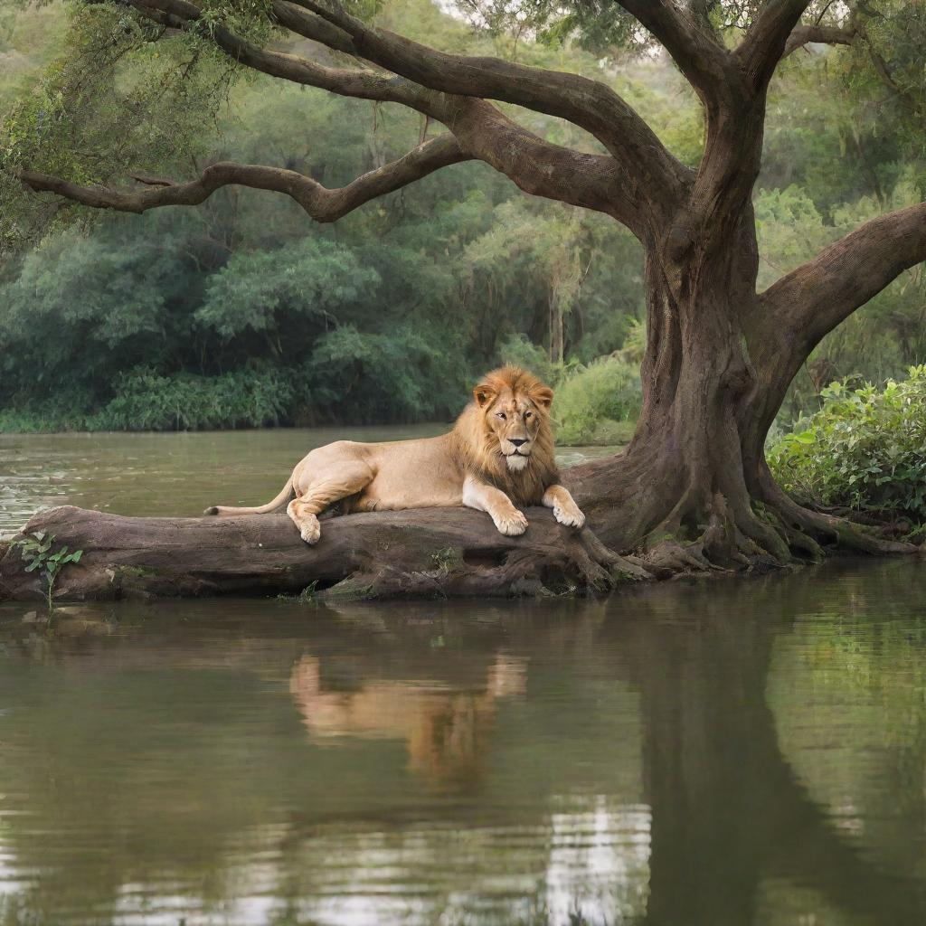 A serene landscape featuring a powerful lion lounging on a tree and a nymph gracefully bathing in a river, framed by lush greenery and calm waters.