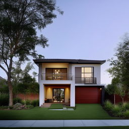 A contemporary two-story house. First floor features a car garage, small garden, waiting room, living room, combined kitchen and dining room, and a laundry room. The second floor includes three bedrooms and a family room.