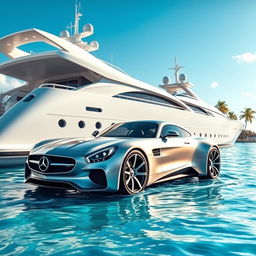 An imaginative and vibrant scene depicting a sleek Mercedes-Benz car, designed with a futuristic aesthetic, seamlessly merging with a majestic ship