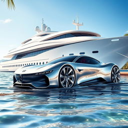 An imaginative and vibrant scene depicting a sleek Mercedes-Benz car, designed with a futuristic aesthetic, seamlessly merging with a majestic ship