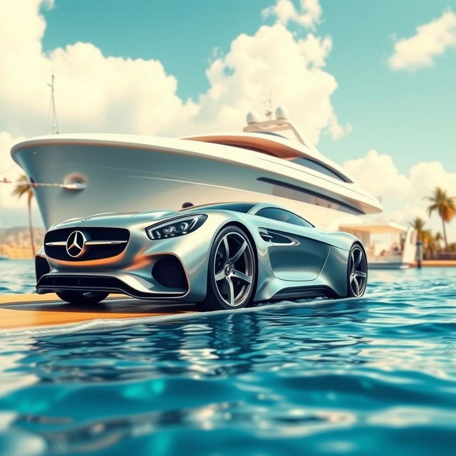 An imaginative and vibrant scene depicting a sleek Mercedes-Benz car, designed with a futuristic aesthetic, seamlessly merging with a majestic ship