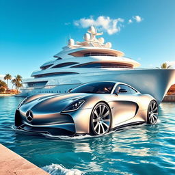 An imaginative and vibrant scene depicting a sleek Mercedes-Benz car, designed with a futuristic aesthetic, seamlessly merging with a majestic ship