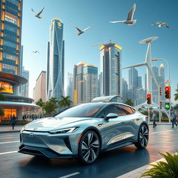 A futuristic hybrid system showcasing advanced technology integration, featuring a sleek hybrid vehicle seamlessly combining traditional automotive elements with cutting-edge electric components