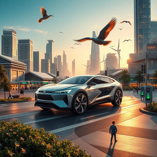 A futuristic hybrid system showcasing advanced technology integration, featuring a sleek hybrid vehicle seamlessly combining traditional automotive elements with cutting-edge electric components