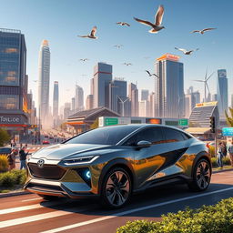 A futuristic hybrid system showcasing advanced technology integration, featuring a sleek hybrid vehicle seamlessly combining traditional automotive elements with cutting-edge electric components
