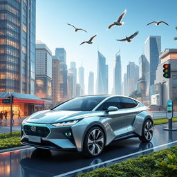 A futuristic hybrid system showcasing advanced technology integration, featuring a sleek hybrid vehicle seamlessly combining traditional automotive elements with cutting-edge electric components