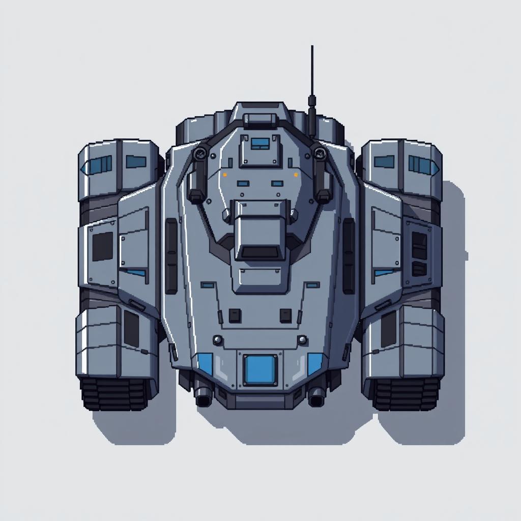 A futuristic tank without a turret, viewed from above in pixel art style