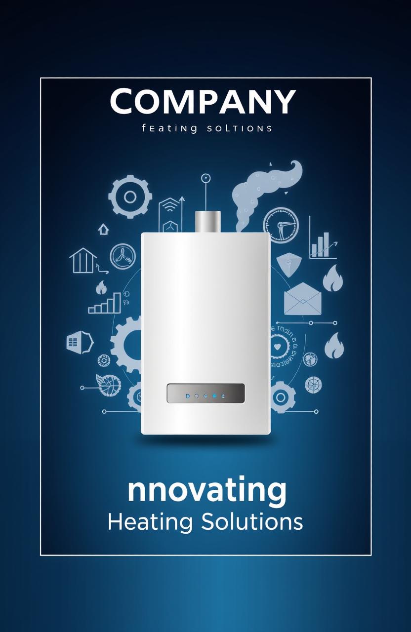 A professional and polished book cover design featuring a sleek modern boiler in the center, surrounded by symbols of energy efficiency and industrial innovation such as gears, graphs, and flames