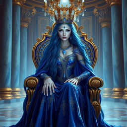 An enchanting Lapis Queen seated on a throne made of shimmering lapis lazuli, her royal attire adorned with sparkling blue gems and intricate golden embroidery