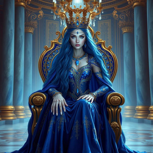 An enchanting Lapis Queen seated on a throne made of shimmering lapis lazuli, her royal attire adorned with sparkling blue gems and intricate golden embroidery