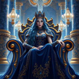 An enchanting Lapis Queen seated on a throne made of shimmering lapis lazuli, her royal attire adorned with sparkling blue gems and intricate golden embroidery