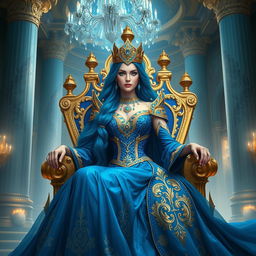 An enchanting Lapis Queen seated on a throne made of shimmering lapis lazuli, her royal attire adorned with sparkling blue gems and intricate golden embroidery