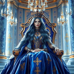 An enchanting Lapis Queen seated on a throne made of shimmering lapis lazuli, her royal attire adorned with sparkling blue gems and intricate golden embroidery