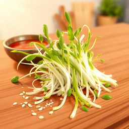 A vibrant illustration of fresh soybean sprouts (broto de soja) arranged artistically on a wooden kitchen table