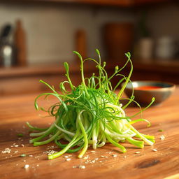 A vibrant illustration of fresh soybean sprouts (broto de soja) arranged artistically on a wooden kitchen table