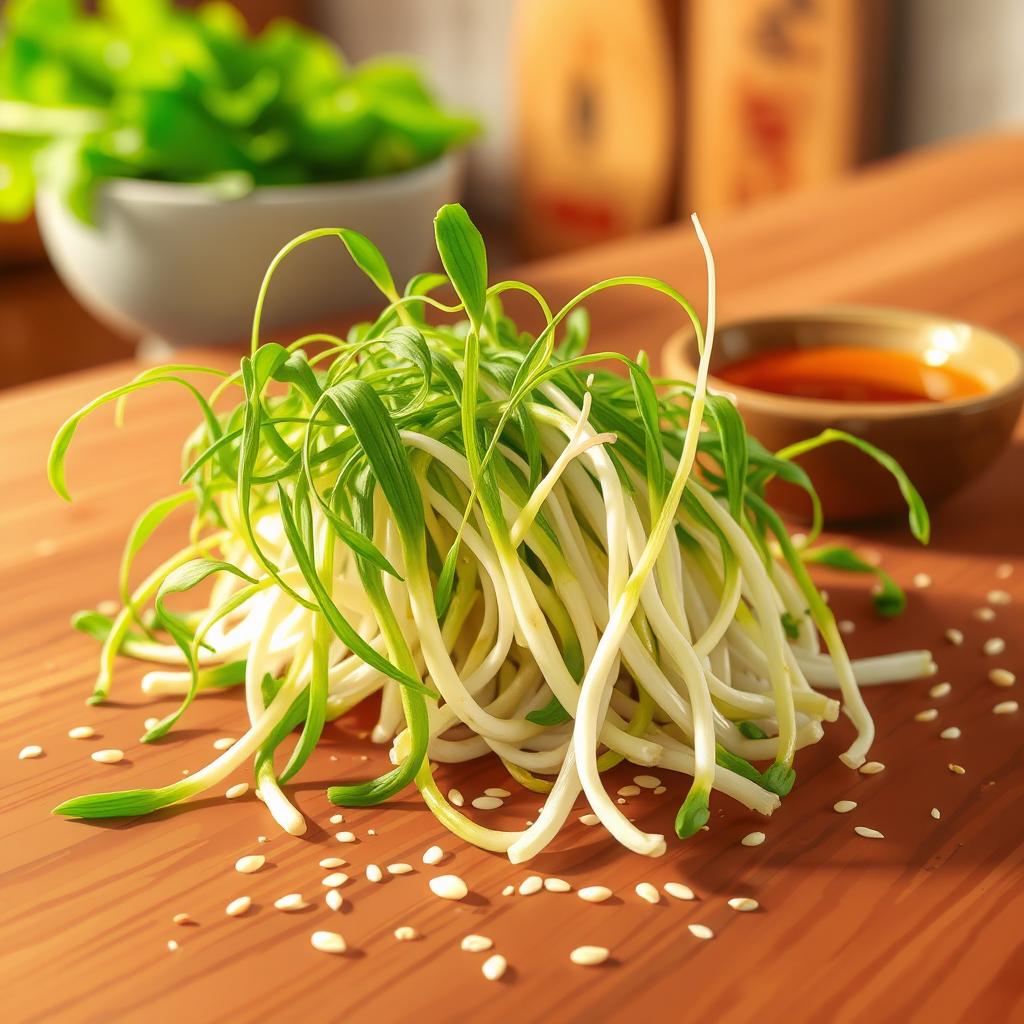 A vibrant illustration of fresh soybean sprouts (broto de soja) arranged artistically on a wooden kitchen table