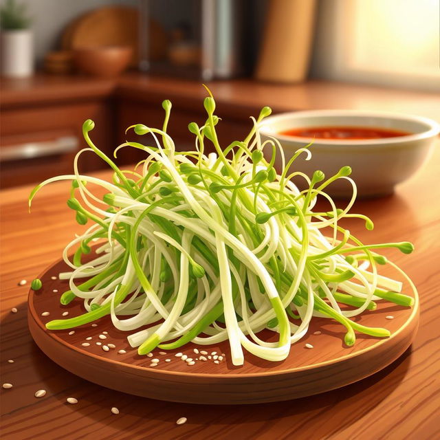 A vibrant illustration of fresh soybean sprouts (broto de soja) arranged artistically on a wooden kitchen table