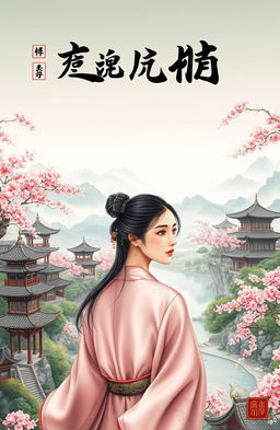 A stunning and intricate ancient Chinese novel cover, featuring a majestic landscape with traditional pagodas, cherry blossom trees in full bloom, and a serene river winding through the scene