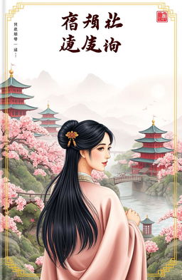 A stunning and intricate ancient Chinese novel cover, featuring a majestic landscape with traditional pagodas, cherry blossom trees in full bloom, and a serene river winding through the scene