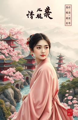 A stunning and intricate ancient Chinese novel cover, featuring a majestic landscape with traditional pagodas, cherry blossom trees in full bloom, and a serene river winding through the scene
