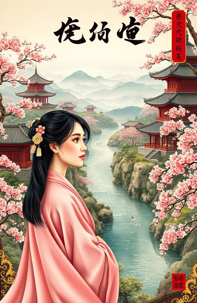 A stunning and intricate ancient Chinese novel cover, featuring a majestic landscape with traditional pagodas, cherry blossom trees in full bloom, and a serene river winding through the scene