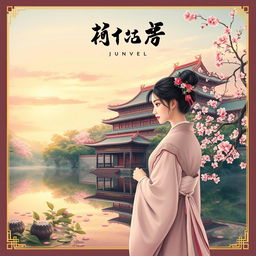 A beautifully crafted ancient Chinese novel cover, showcasing a picturesque setting with an ancient palace, surrounded by lush greenery and blooming cherry blossoms