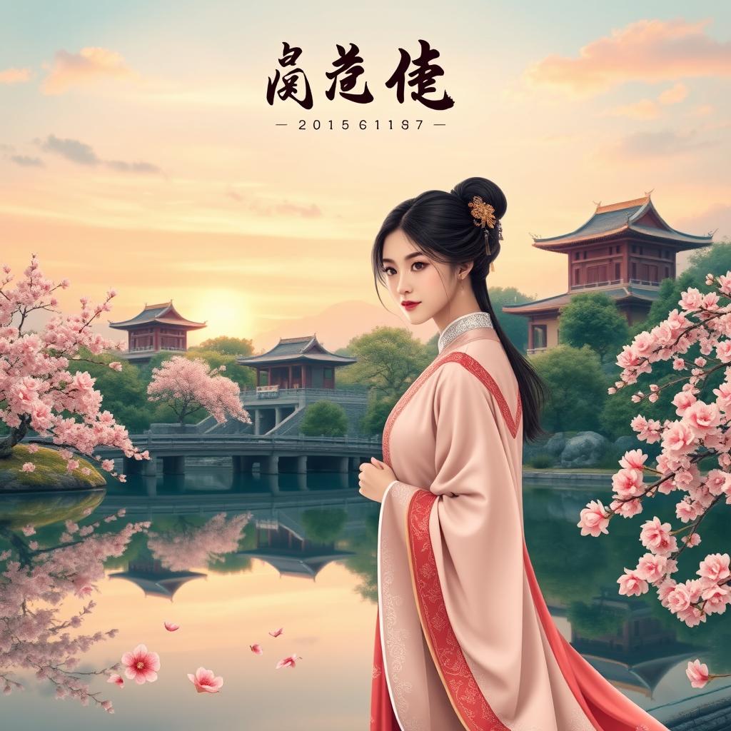 A beautifully crafted ancient Chinese novel cover, showcasing a picturesque setting with an ancient palace, surrounded by lush greenery and blooming cherry blossoms