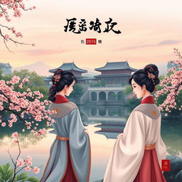 A beautifully crafted ancient Chinese novel cover, showcasing a picturesque setting with an ancient palace, surrounded by lush greenery and blooming cherry blossoms