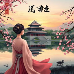 A beautifully crafted ancient Chinese novel cover, showcasing a picturesque setting with an ancient palace, surrounded by lush greenery and blooming cherry blossoms
