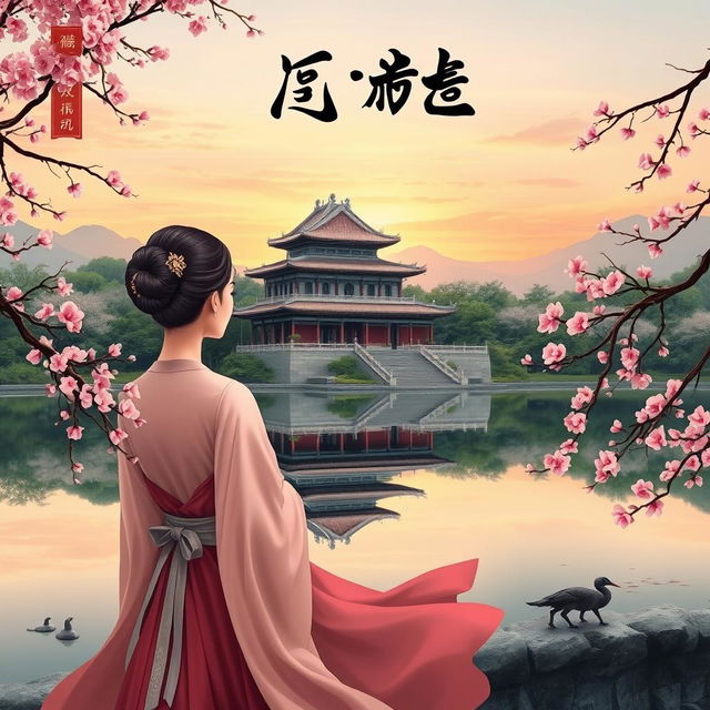 A beautifully crafted ancient Chinese novel cover, showcasing a picturesque setting with an ancient palace, surrounded by lush greenery and blooming cherry blossoms