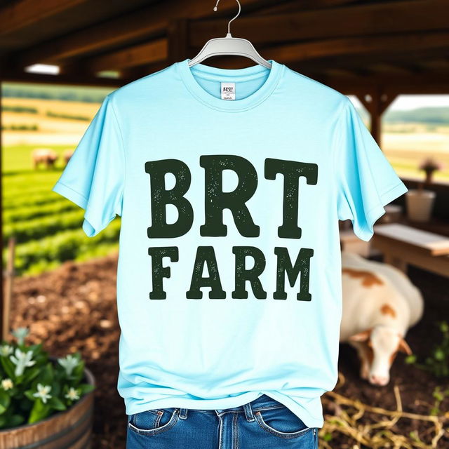 A stylish and modern t-shirt featuring the text "BRT FARM" prominently displayed on the front