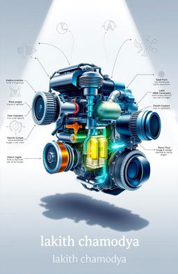 A visually striking and informative illustration of a hybrid engine, featuring a cross-section view that reveals its intricate components, including the electric motor, internal combustion engine, and battery pack