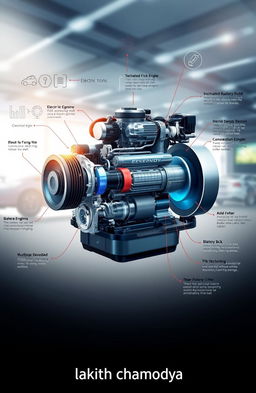 A visually striking and informative illustration of a hybrid engine, featuring a cross-section view that reveals its intricate components, including the electric motor, internal combustion engine, and battery pack