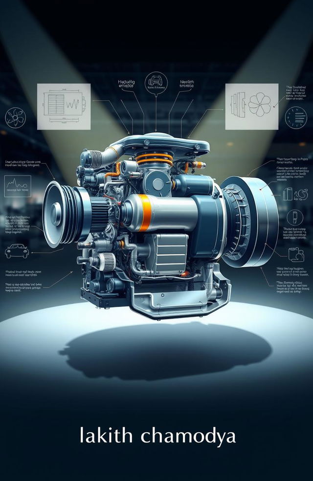 A visually striking and informative illustration of a hybrid engine, featuring a cross-section view that reveals its intricate components, including the electric motor, internal combustion engine, and battery pack