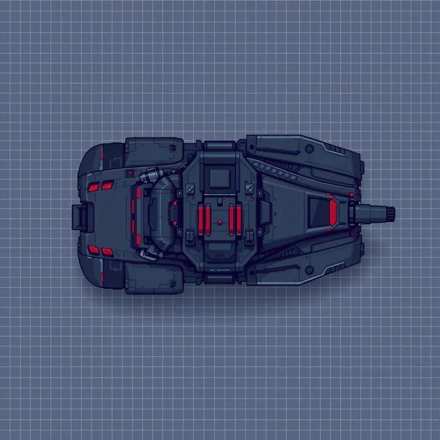 A futuristic tank without a turret, viewed from above, designed in a pixel art style