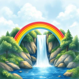A vibrant rainbow arching over a majestic waterfall, surrounded by lush green trees and sparkling blue water