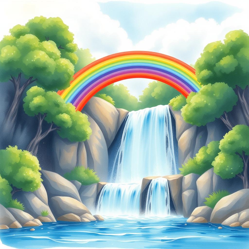 A vibrant rainbow arching over a majestic waterfall, surrounded by lush green trees and sparkling blue water