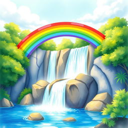 A vibrant rainbow arching over a majestic waterfall, surrounded by lush green trees and sparkling blue water