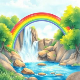 A vibrant rainbow arching over a majestic waterfall, surrounded by lush green trees and sparkling blue water