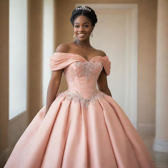 A medium sized woman stylishly dressed for prom in an off-shoulder salmon-colored gown, artfully pulling elements from Charlotte's dress in Princess and the Frog and Bridgerton's fashion, modernized with a corset-like top.